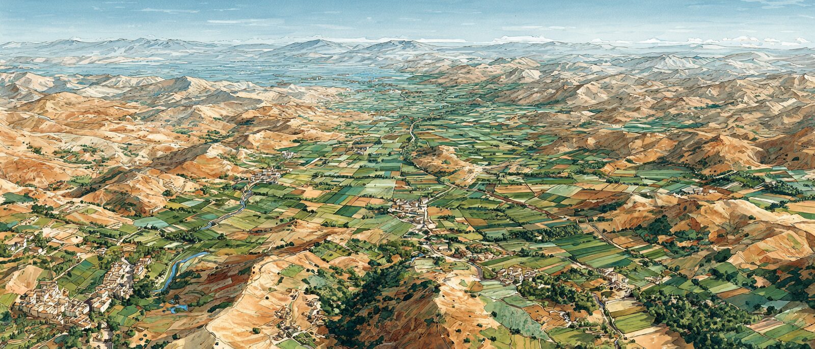 A high view of the Jordan Valley floor divided into many small farmed plots, a patchwork of greens against pale desert hills