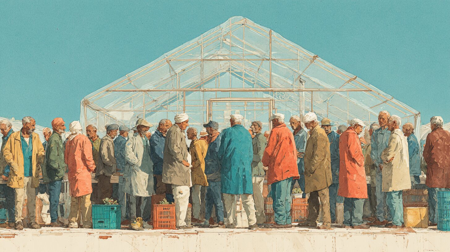 A group of farmers of mixed ages gathered at the edge of a shared climate-controlled net house, looking over it together