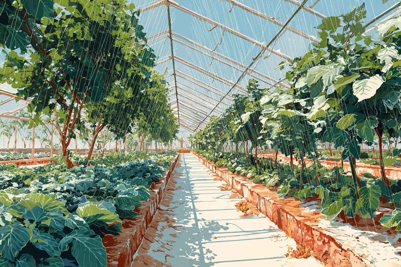 The interior of an efficient climate-controlled net house, rows of crops thriving on precise drip lines, green abundance against the dry land beyond the screens