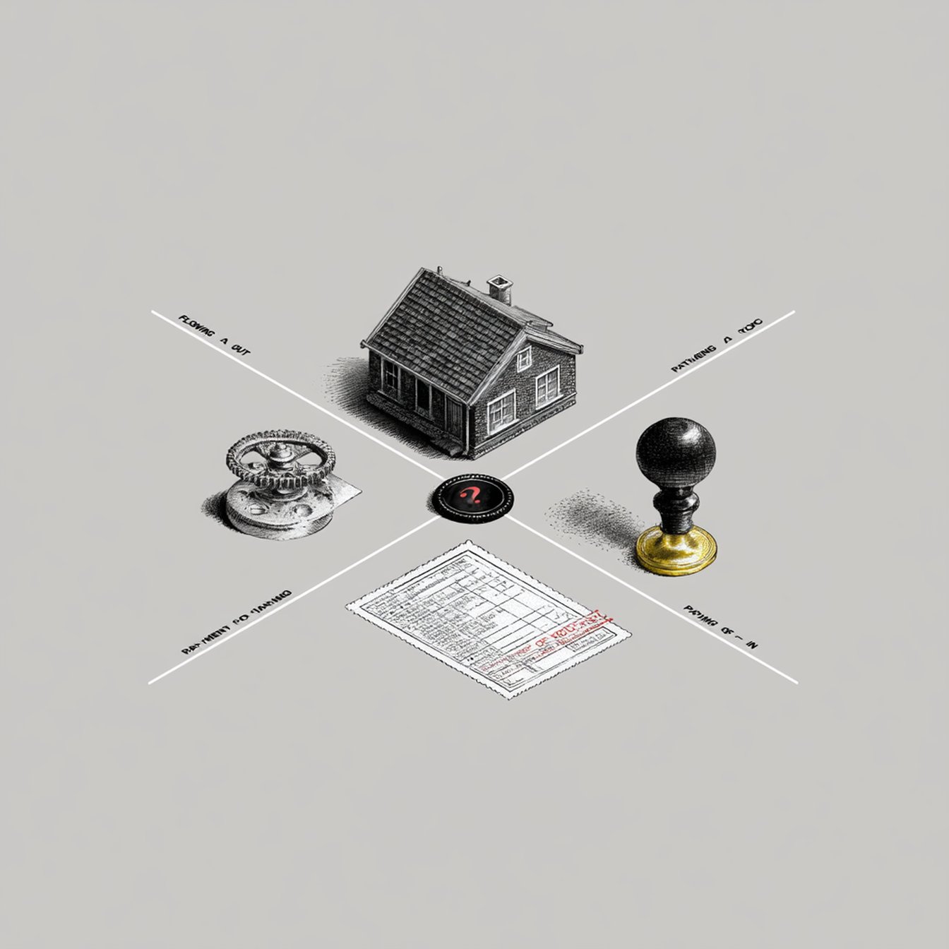 A small slate house sits at the crossing of two faint lines — graded data flowing out, payment flowing in — with a cog, a sealed centre and a vouching stamp arranged around it, drawn like an engraved frontispiece