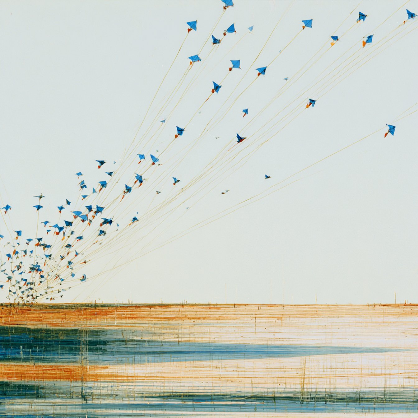 Many tiny agent-forms drawn as kites or birds on fine threads rising from a striped shoreline; some are anchored to the ground, others have come loose and drift up into a pale sky