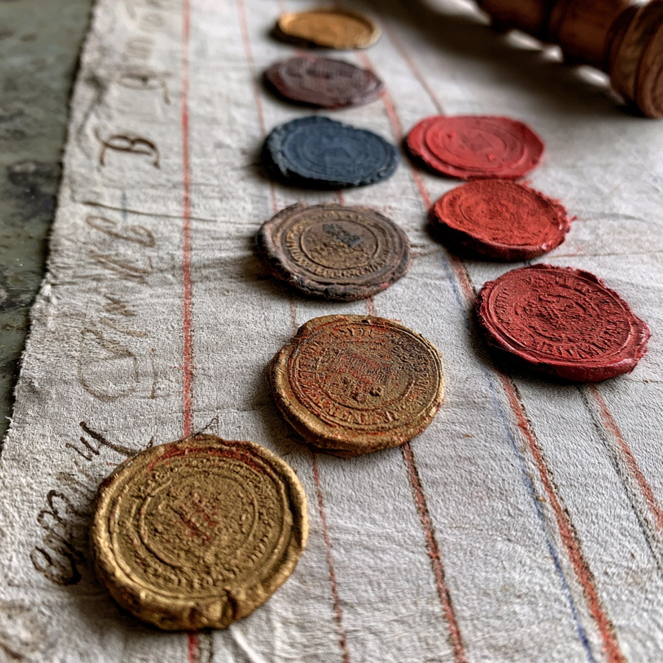 A row of wax-seal hallmarks pressed along a ledger line on aged paper, running from faint and pale at one end to firm and richly coloured at the other, a brass seal-stamp resting beside them