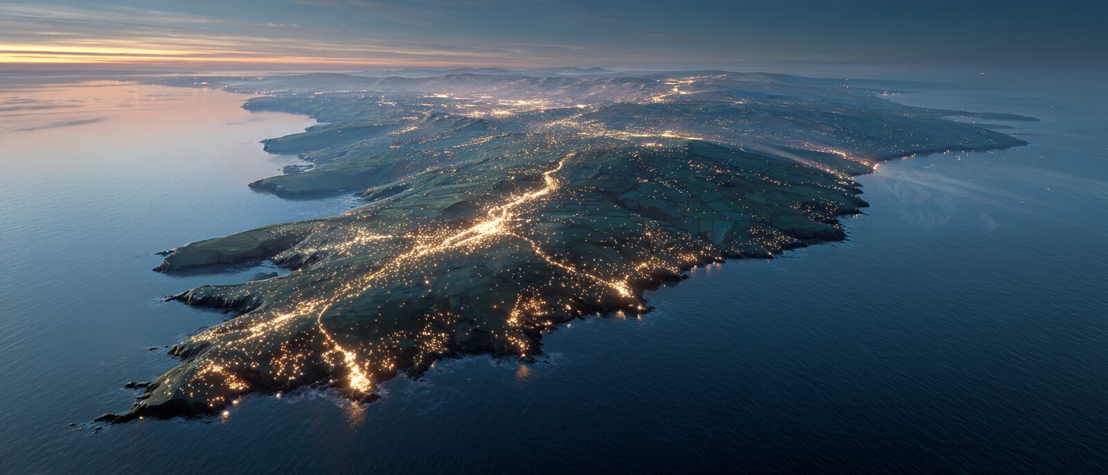 A warm aerial vision at dusk of the Isle of Man between two coastlines, the whole island softly glowing as a battery, fine threads running under the sea to distant offshore wind