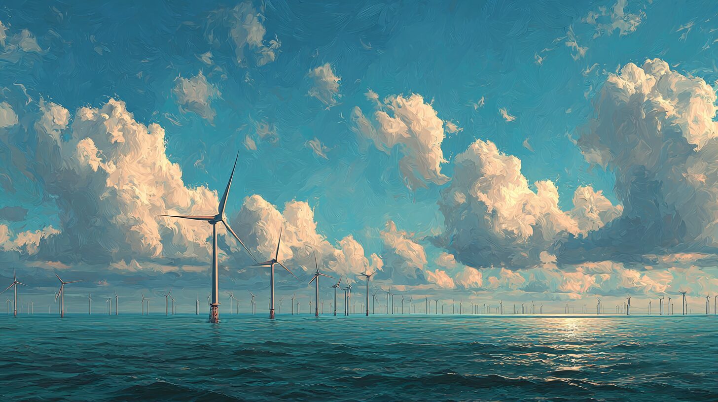 A vast offshore wind array stretching to the horizon under a bright sky, turbines beyond counting