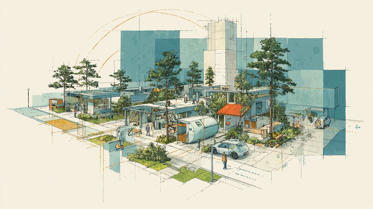 A cutaway of an island community working as one battery: homes with batteries and heat pumps, an EV charging, grid-scale storage and a hydrogen tank, linked by glowing threads of coordination