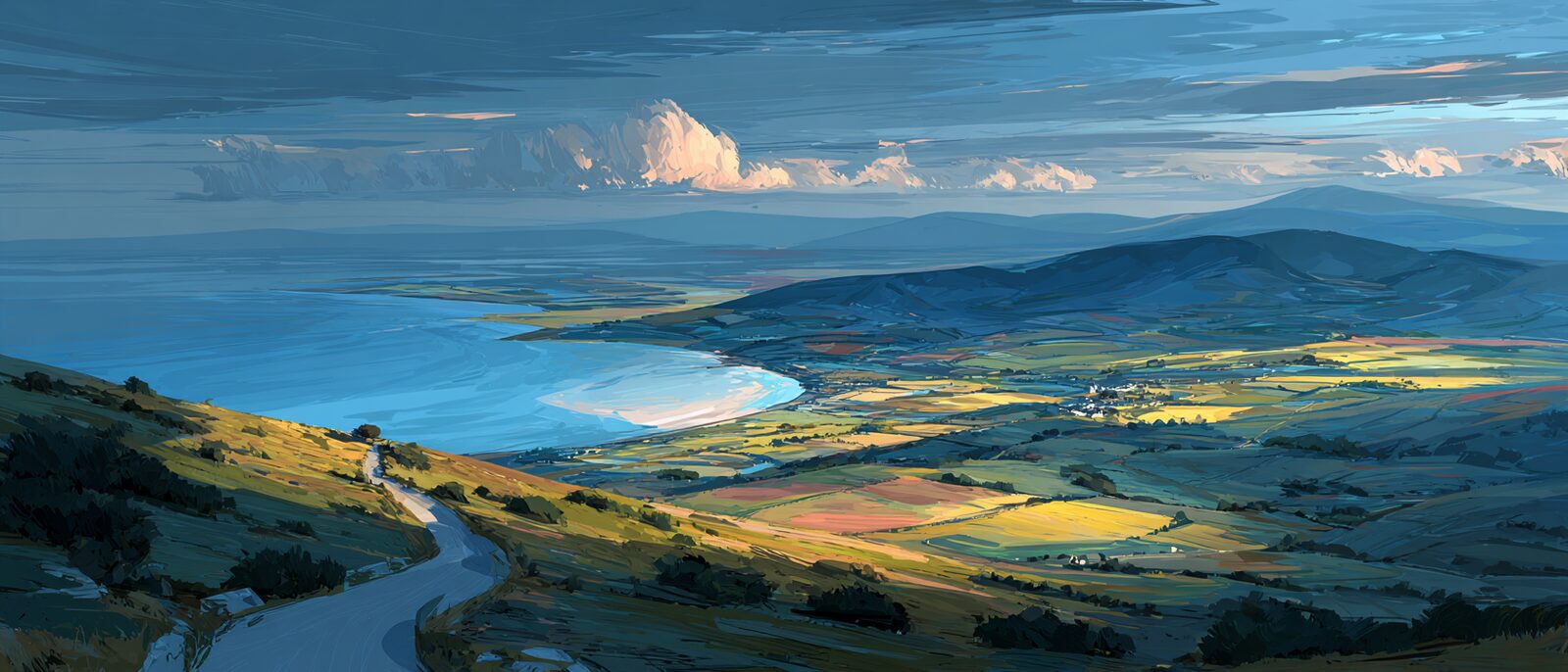 An island seen from above at golden hour, close enough to the mainland to participate yet far enough to be its own world, rendered as a working prototype