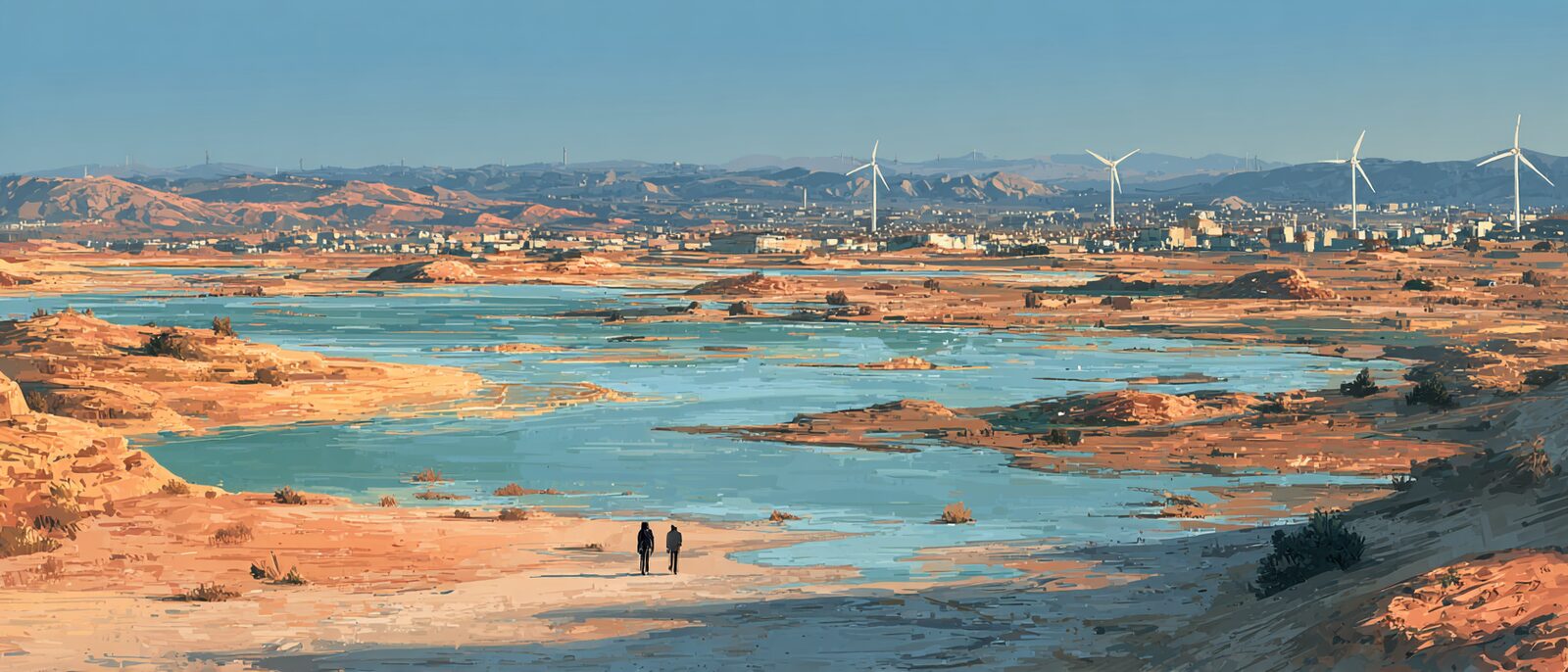 A desert landscape in the Wadi Araba at golden hour with shallow saline ponds and algae raceways glinting among the sand, wind turbines on the far ridge