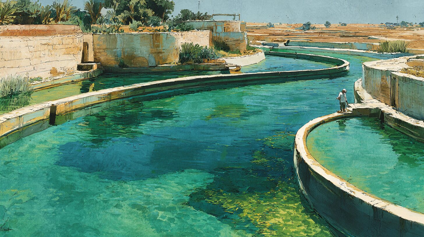 Long serpentine algae cultivation raceways in the desert, vivid green channels of algae-rich saline water curving under bright sky, a figure tending them