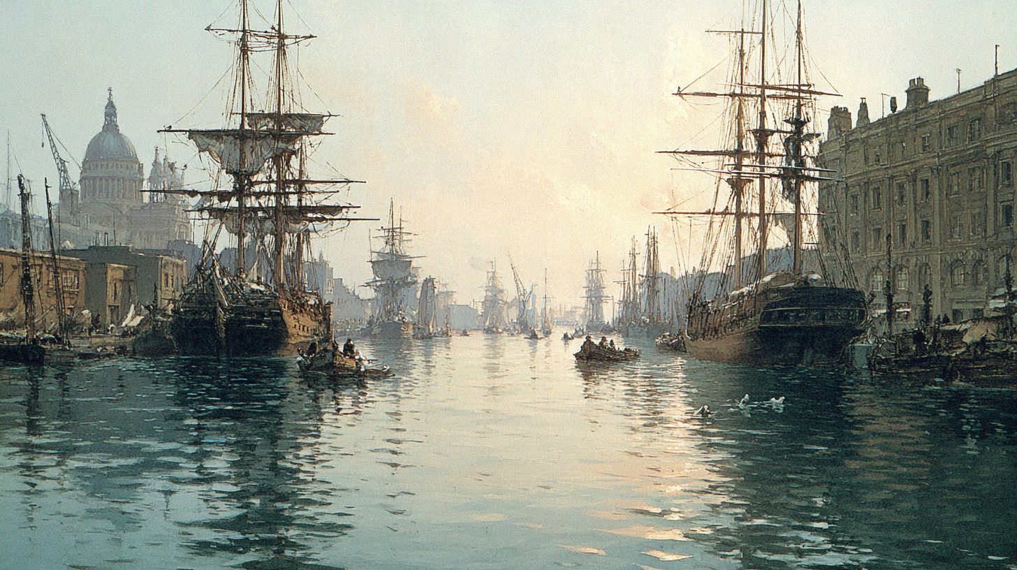 The Pool of London at dawn, tall ships moored along the Thames