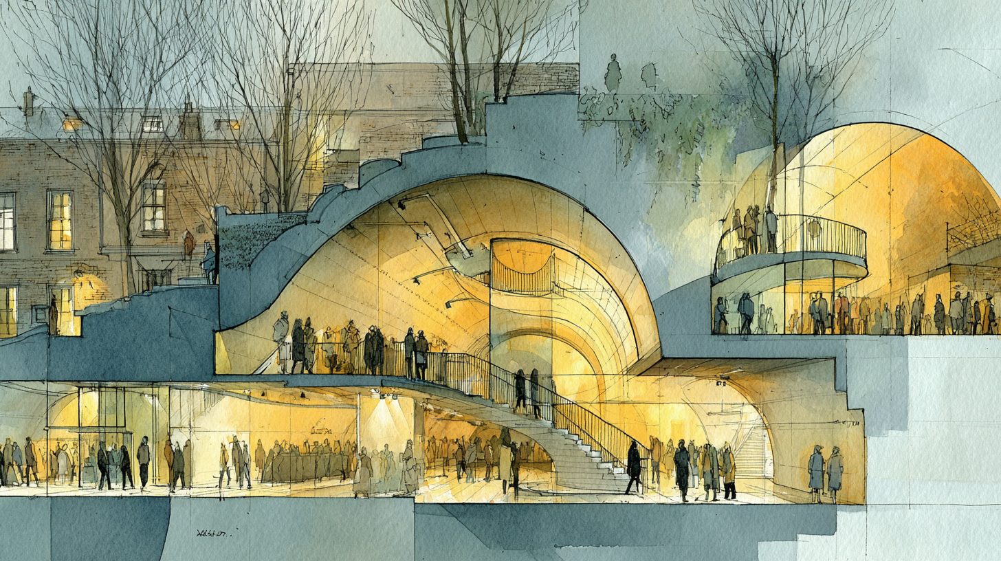 Cutaway of the London Underground, warm-lit platforms and flowing figures