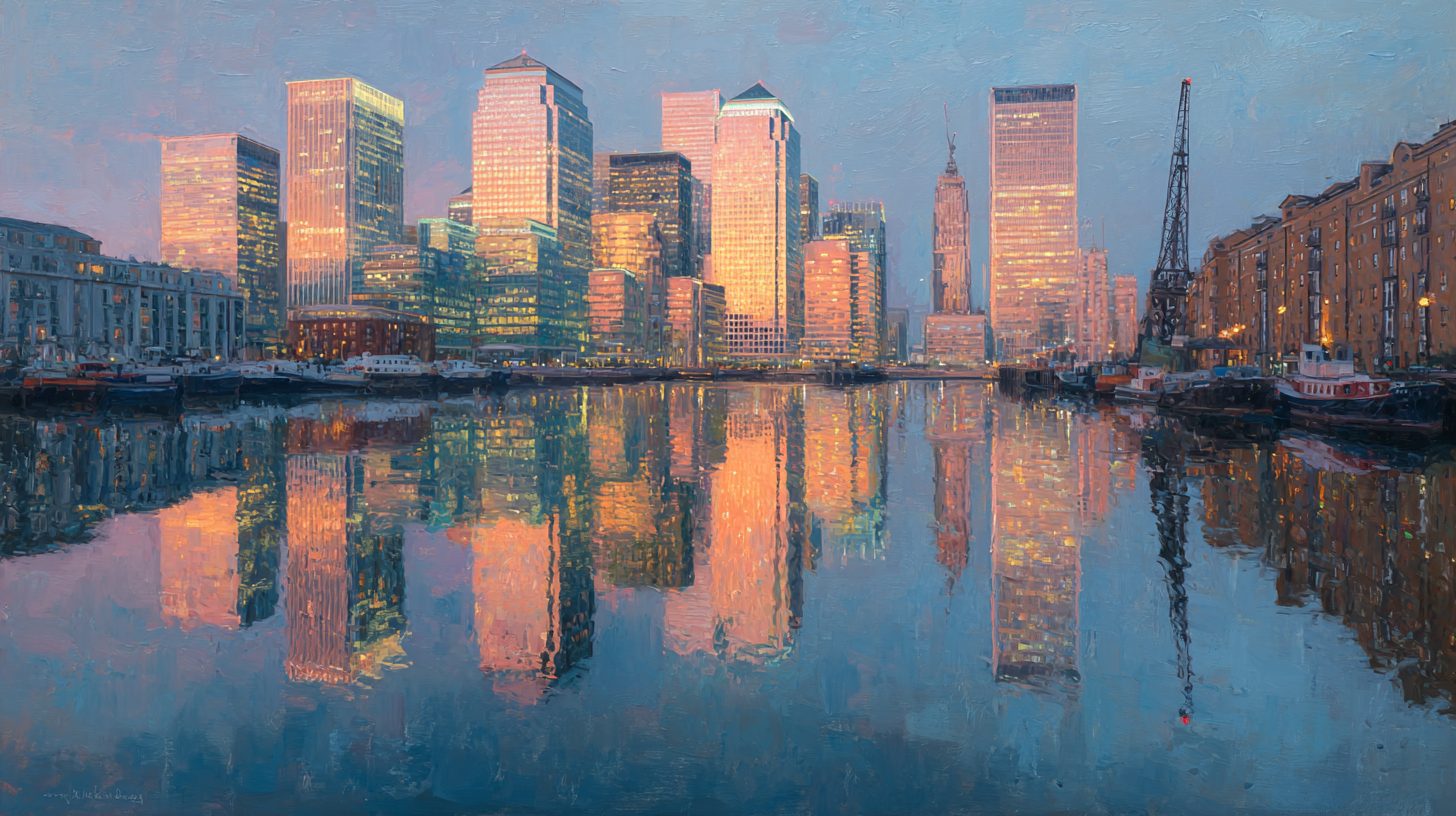 Canary Wharf towers rising at dusk, reflected in the old dock water