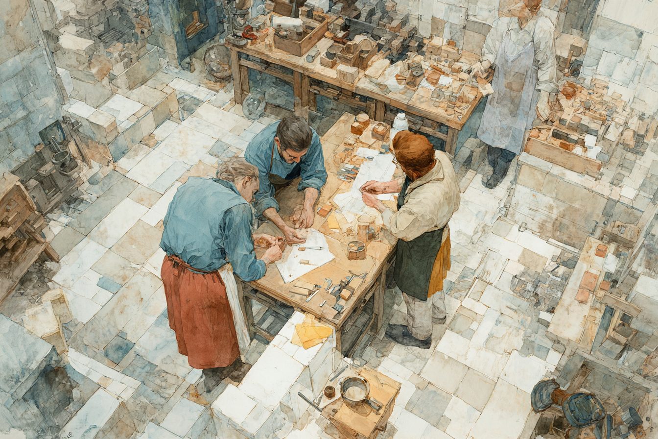 Overhead view of makers' workbenches, hands at work among tools