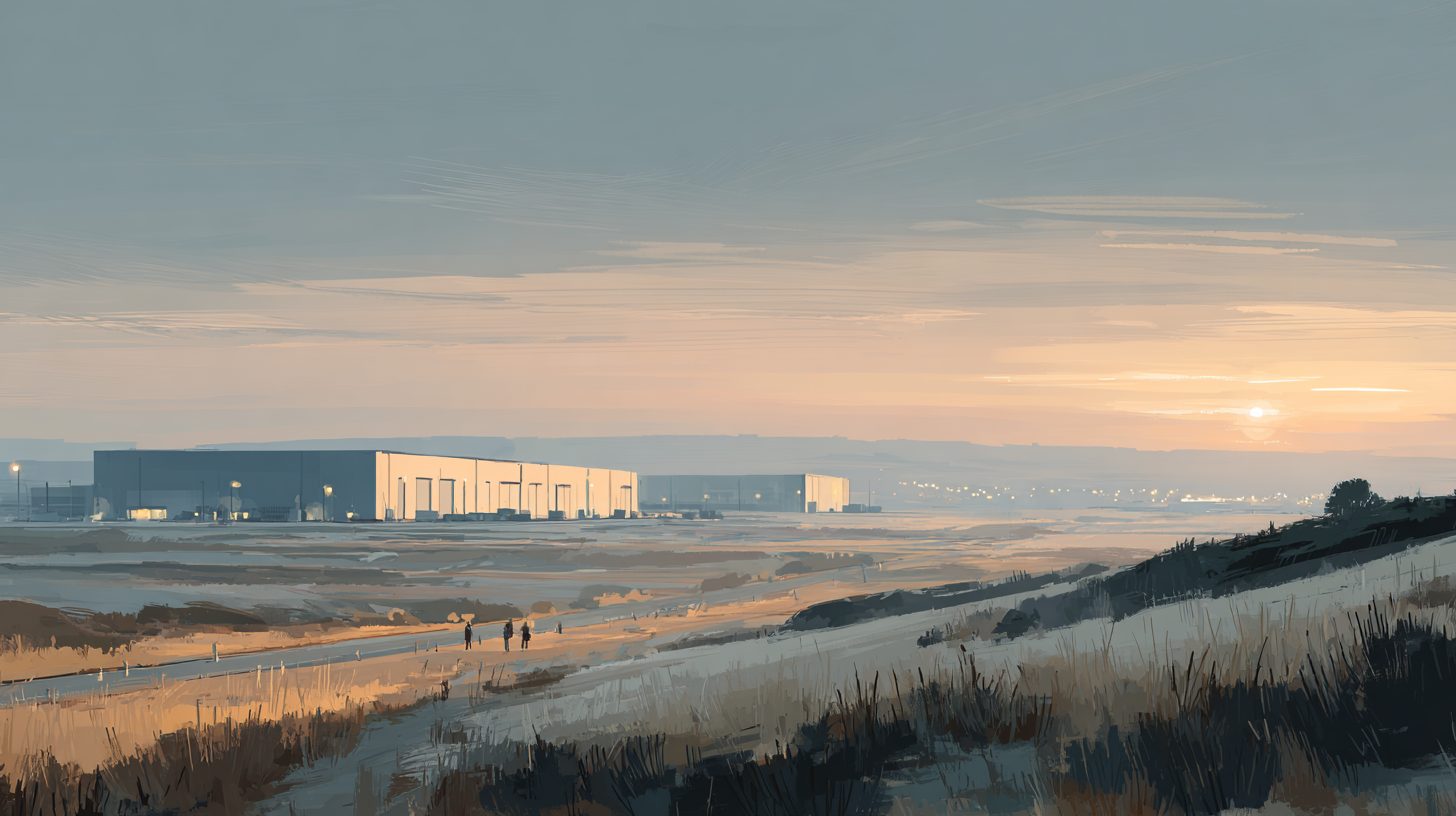 A vast anonymous data-centre shed alone on an empty plain, a distant city on the horizon