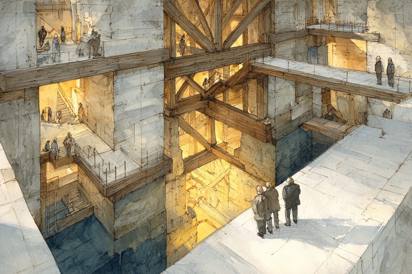 A deep civic excavation with timber shoring and small figures at work