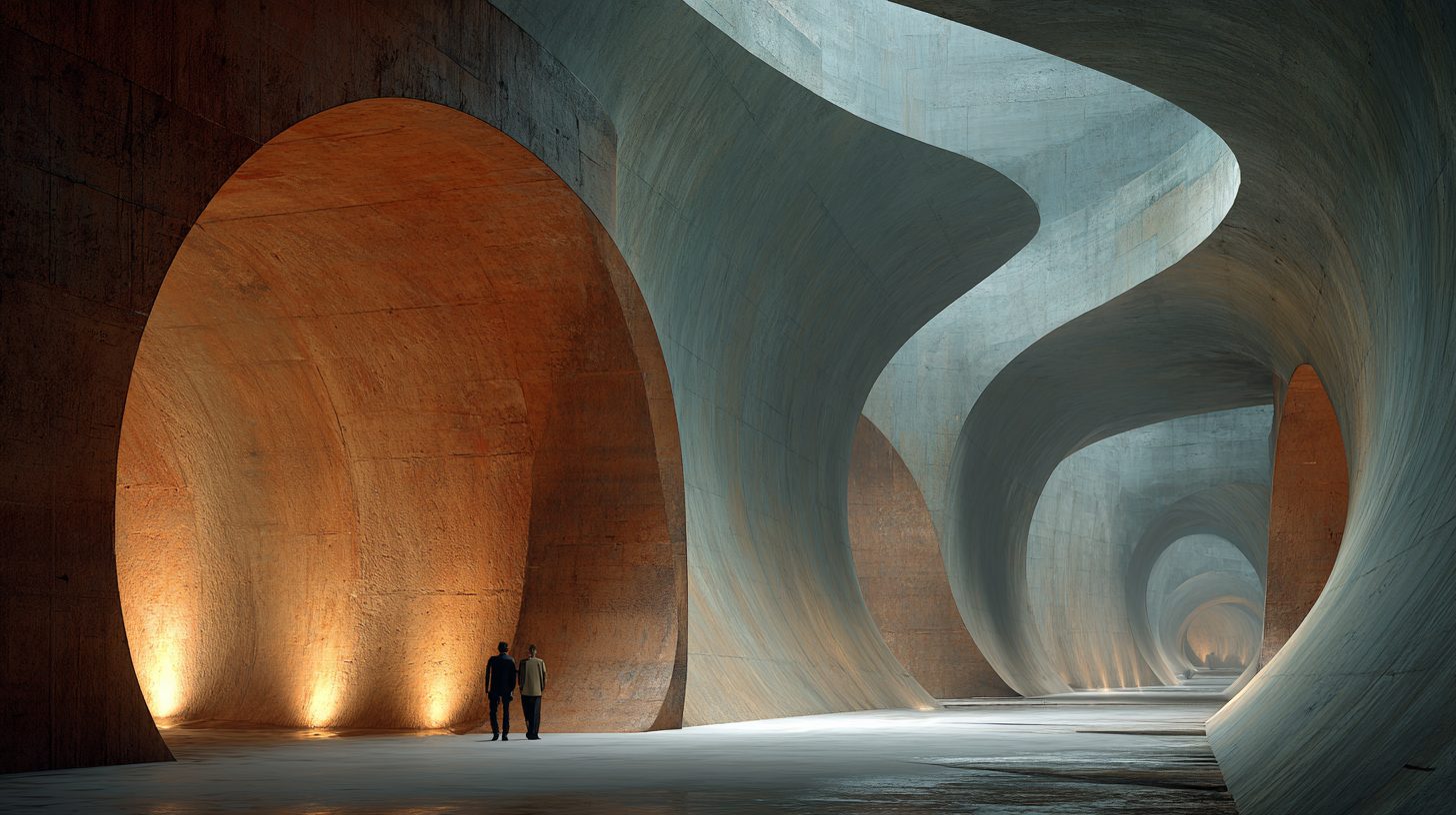 Vast sculpted caverns deep underground, warm light in the recesses
