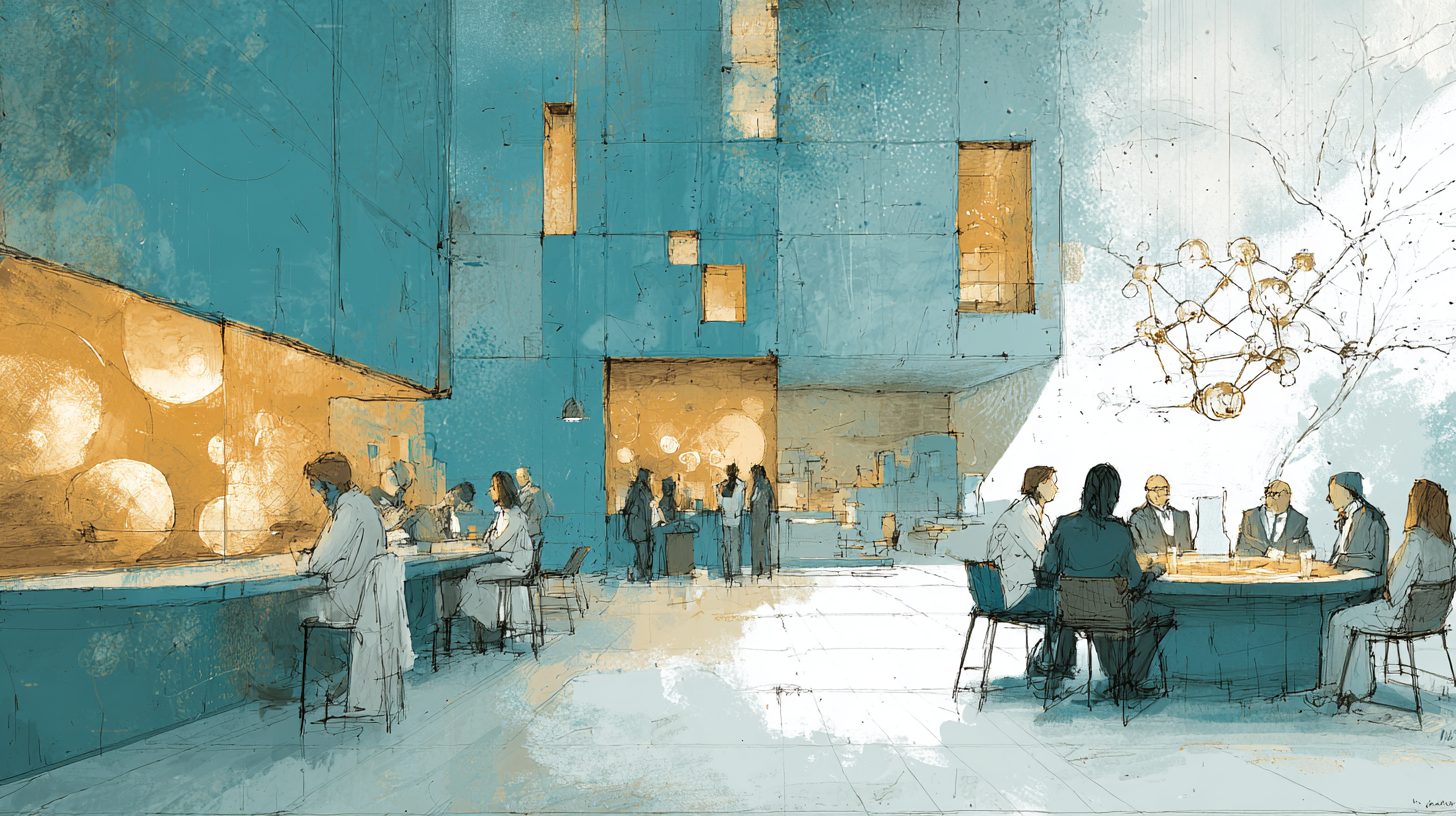 A bright interior holding both a research bench and a round table of people in conversation
