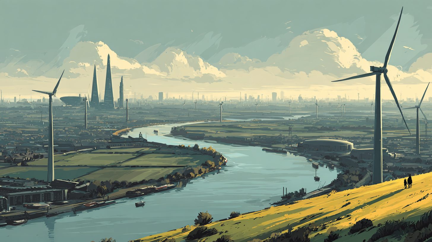 Wind turbines on the green rim of the city, the distant skyline beyond a river
