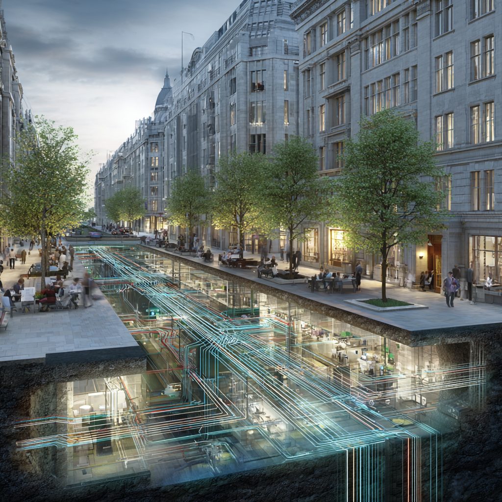 A London street at dusk with a glowing cutaway beneath the pavement revealing data infrastructure