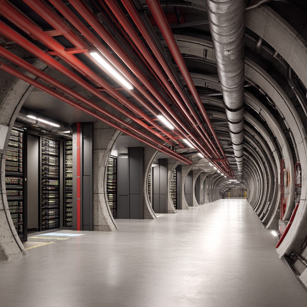 Rows of server racks set into a deep bored tube tunnel lined with services