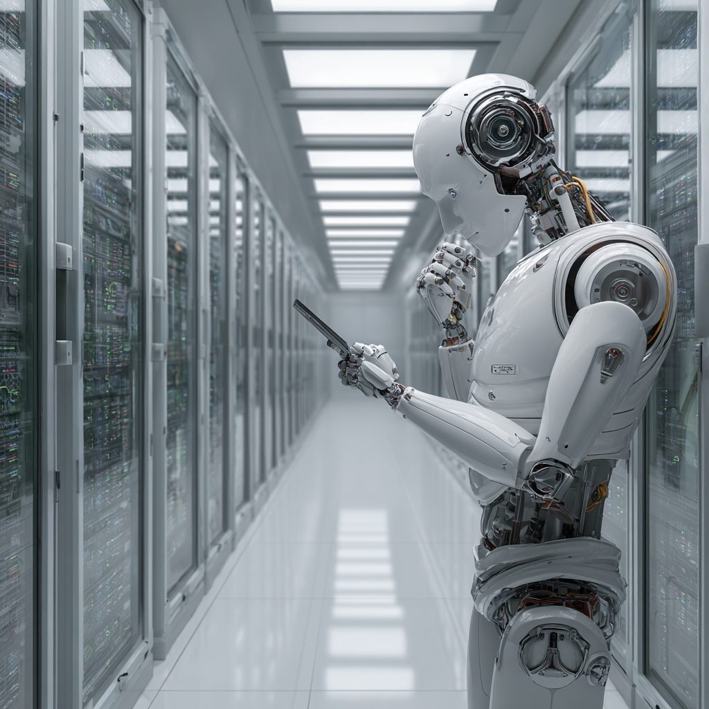 A robot tending the racks inside an automated, secure data centre