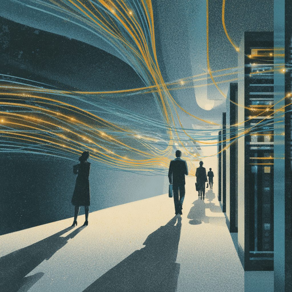 A deep hall with streams of fibre-optic light flowing past racks of silicon