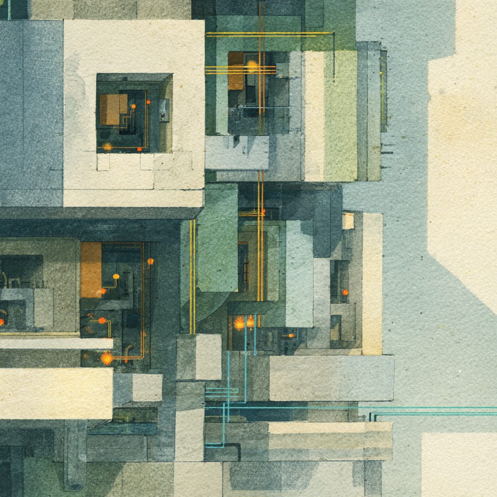 Abstract cutaway of cryogenic quantum machinery, cool tones with small warm node lights