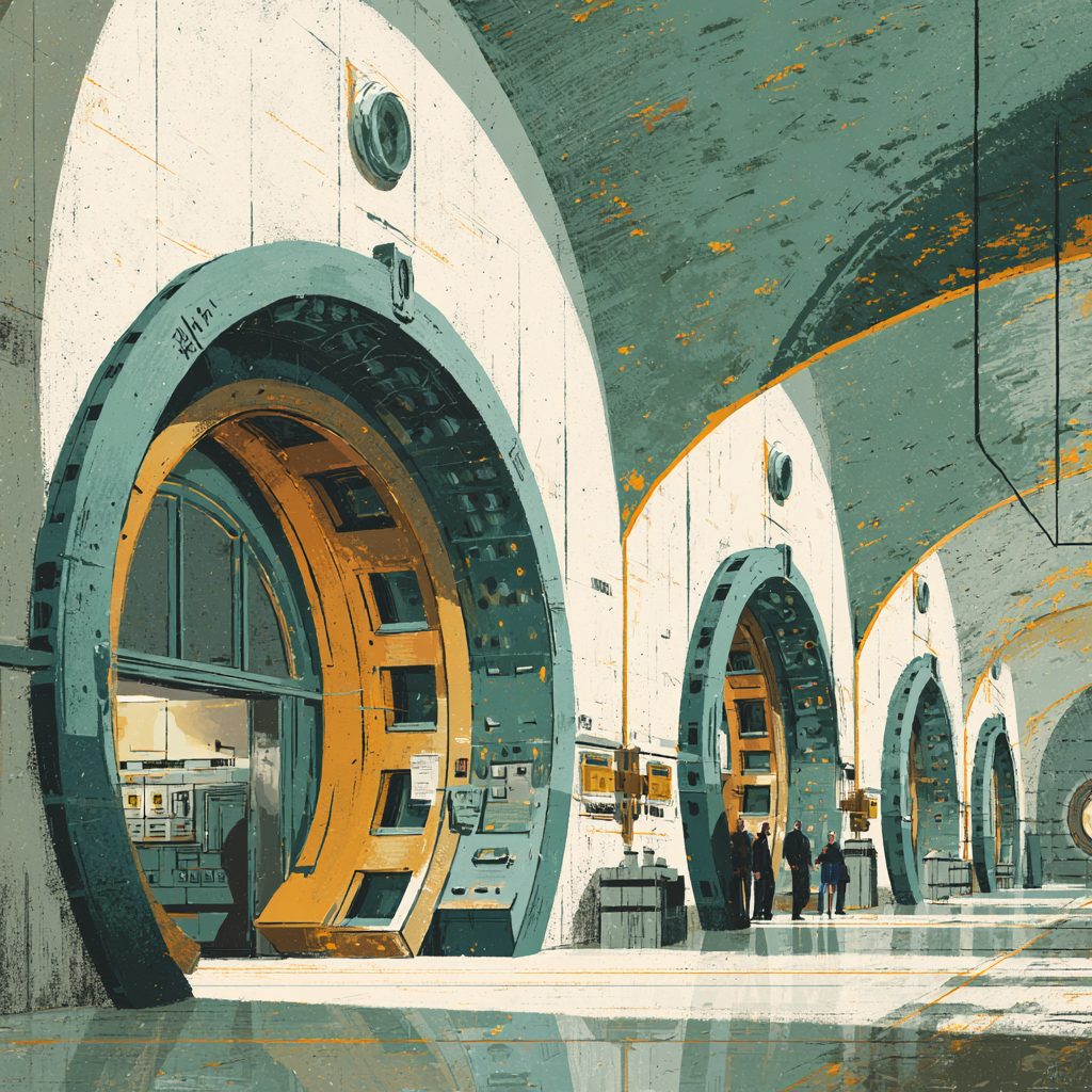A row of deep underground strongroom vaults beneath London, gold vault doors