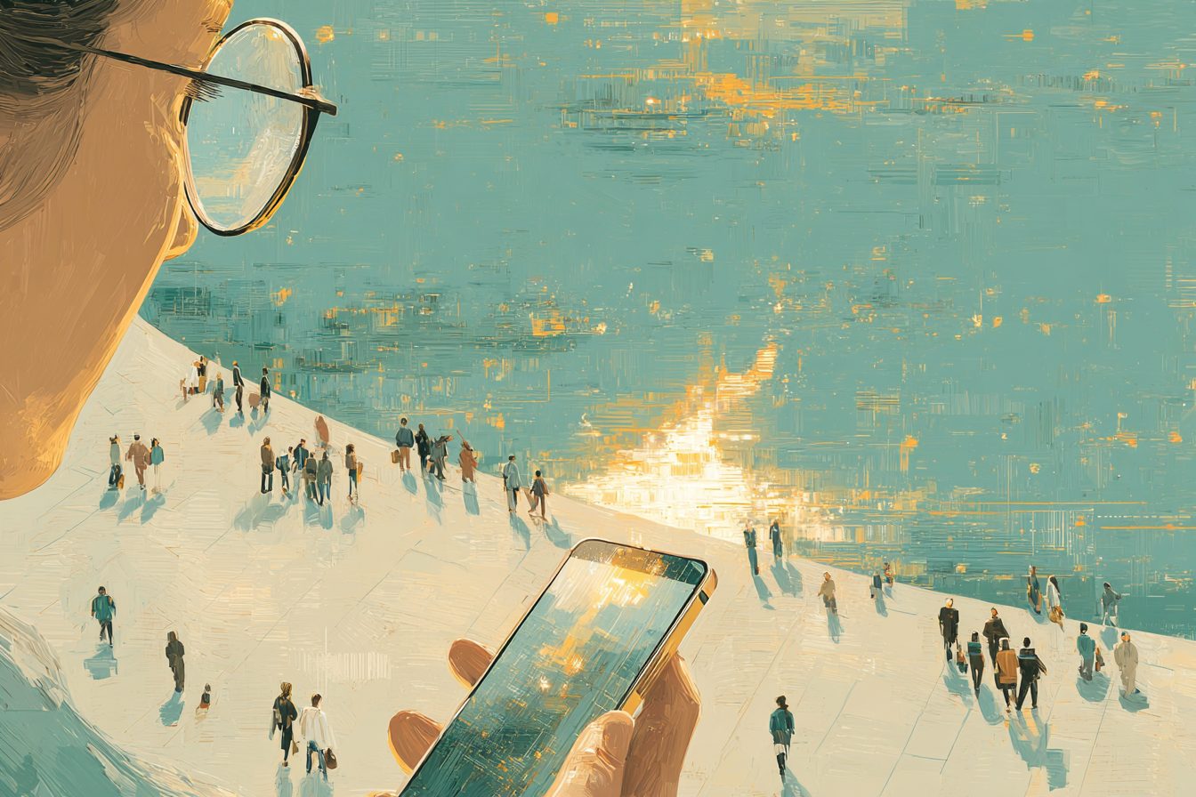 A person on a London street in smart glasses looking at a phone, a shimmer of data linking it to a glowing lake of compute below