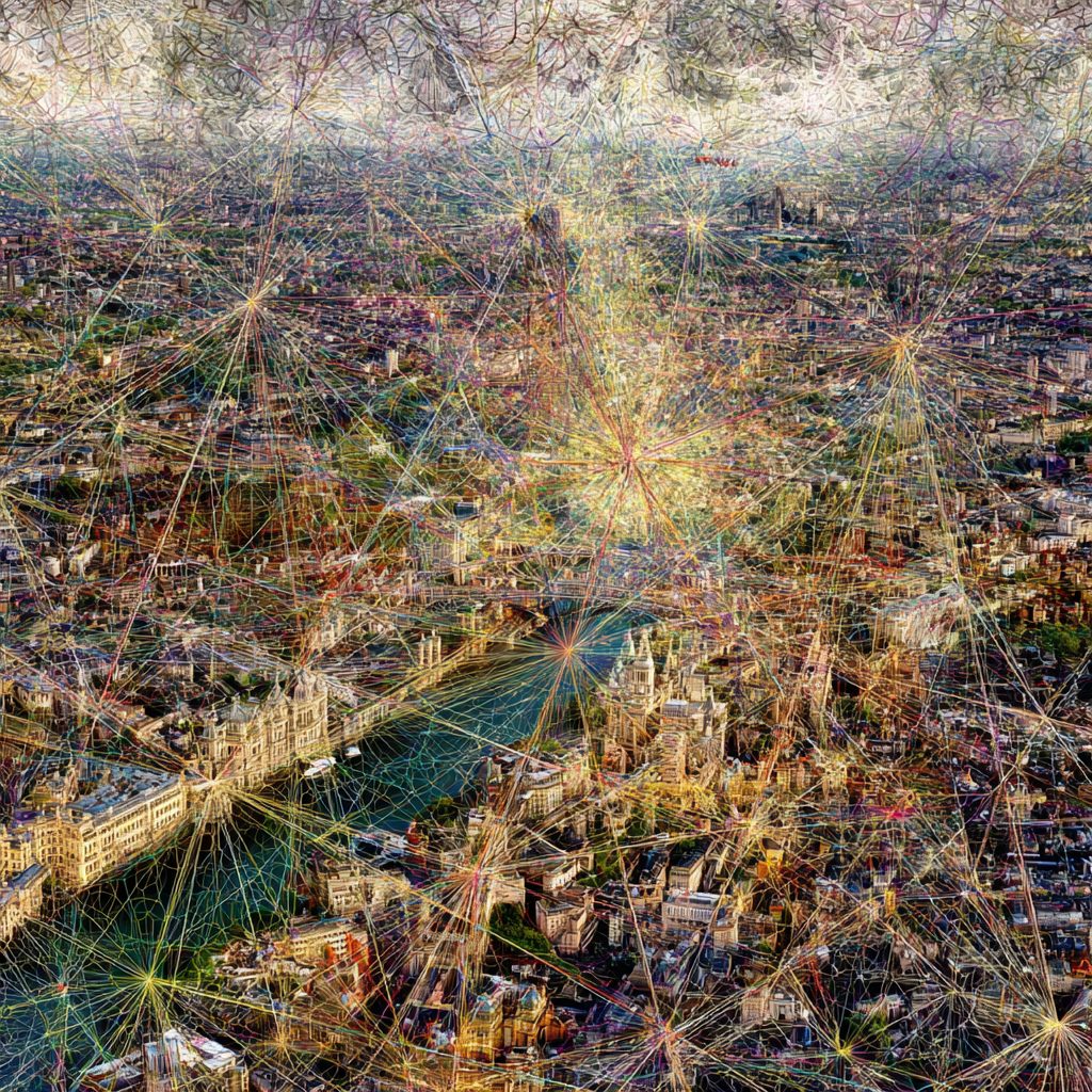 A neural network of fine bright lines overlaid on an aerial view of London