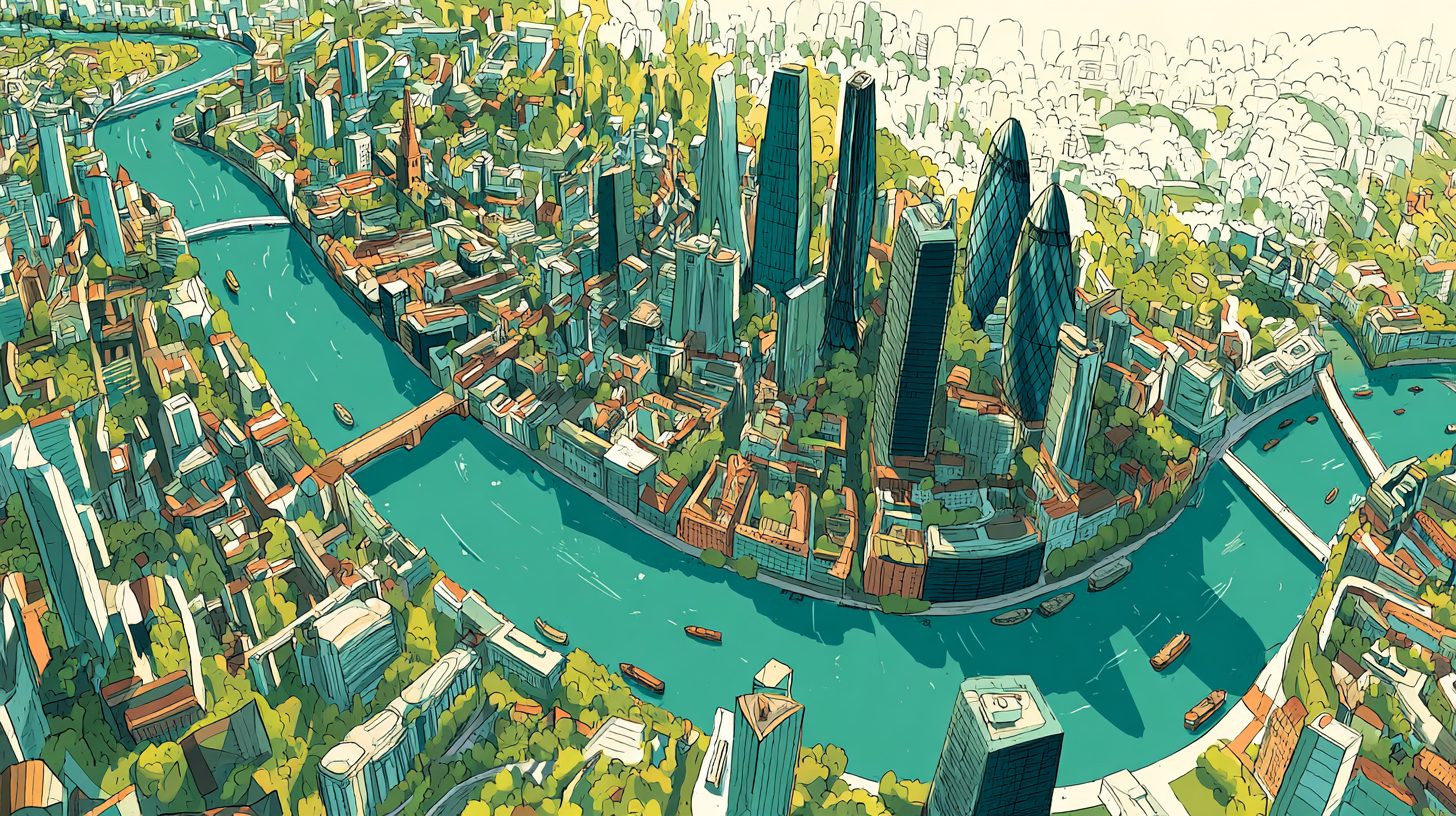 A green, planted aerial view of a future City of London on the Thames
