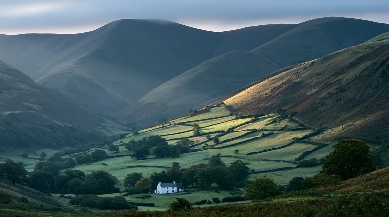 A wide upland Welsh valley at first light — small irregular fields stitched by hedge and dry-stone wall climbing toward open mountain, a single whitewashed farmhouse low in the fold