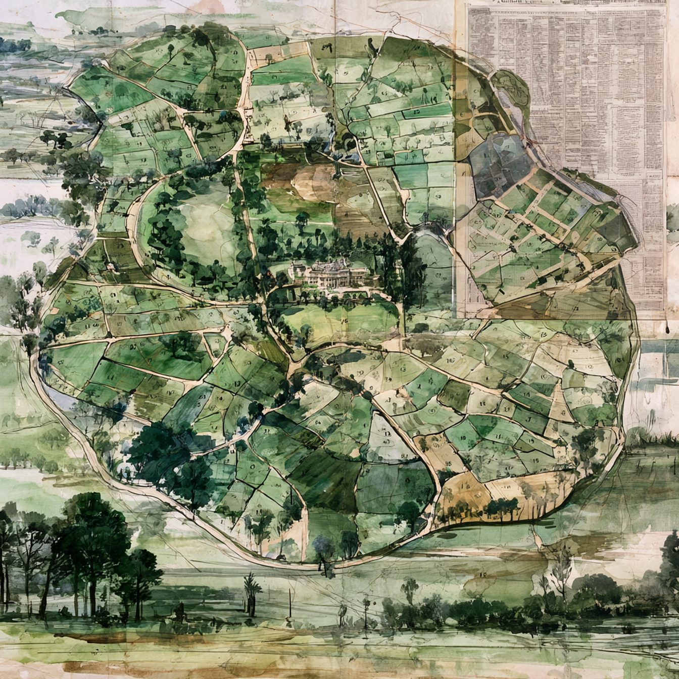 An old estate map, a great house ringed by numbered tenant farms, with a later auctioneer’s sale-catalogue page pinned over it breaking the estate into lots