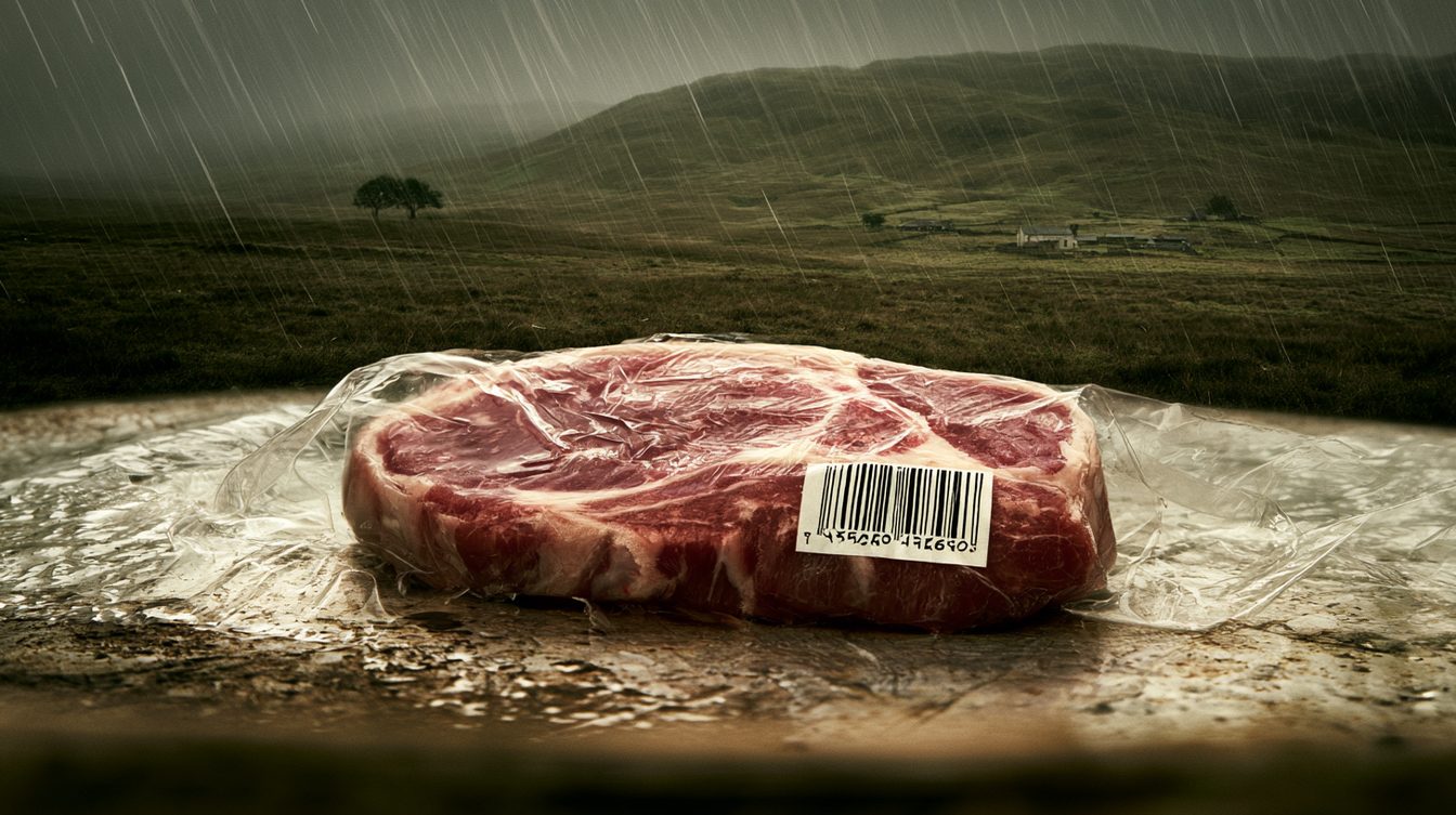 A supermarket lamb chop under cling film with a barcode set against a hill farm in the rain — the shelf price many times the price at the gate