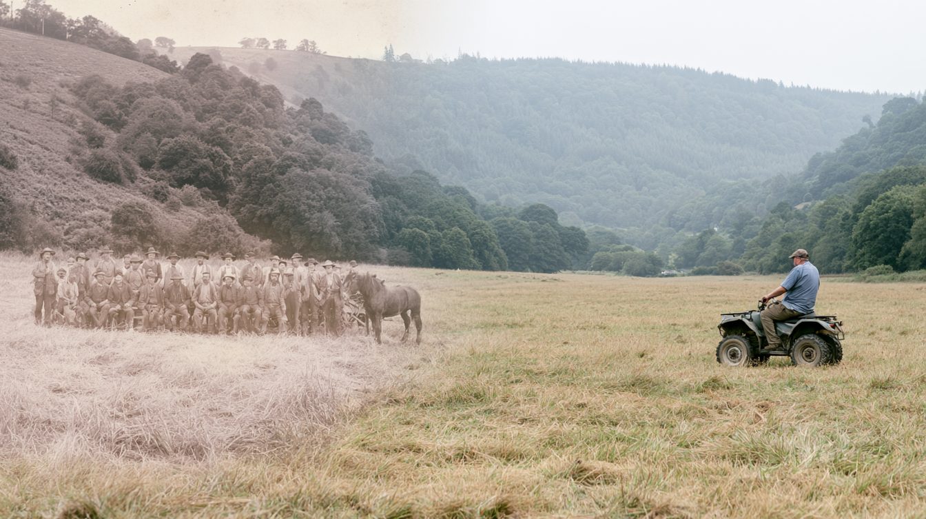 A faded harvest photograph of twenty people and a horse posed in a field, dissolving at one edge into a single figure alone on a quad bike on an empty hill
