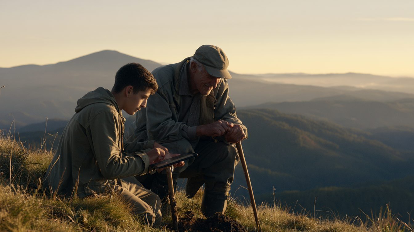 A young person with a tablet and a soil probe kneeling beside an older farmer leaning on a stick, both looking at the same screen, the mountain behind