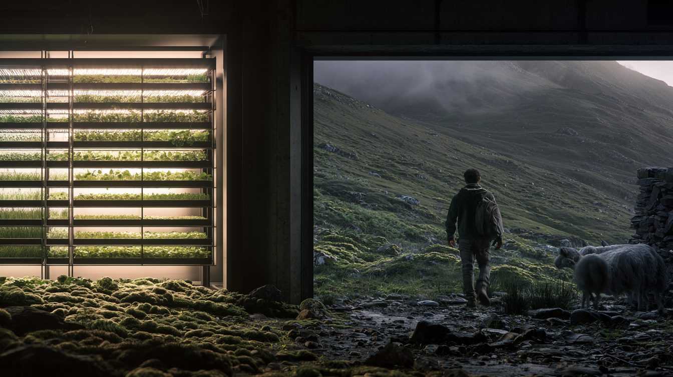 A controlled-environment growing room and a hill field in one frame, a single person moving between them — screens and seedlings on one side, sheep and stone on the other
