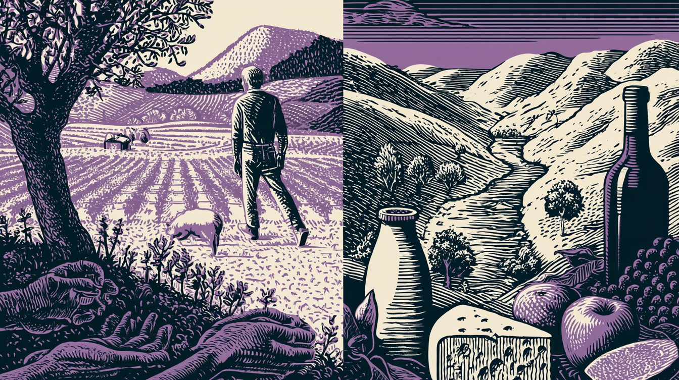 A quiet diptych: on one side the supply chain shortening, the eater stepping toward the field; on the other, raw produce becoming a made thing inside the same valley — two arrows turning value back toward the farm