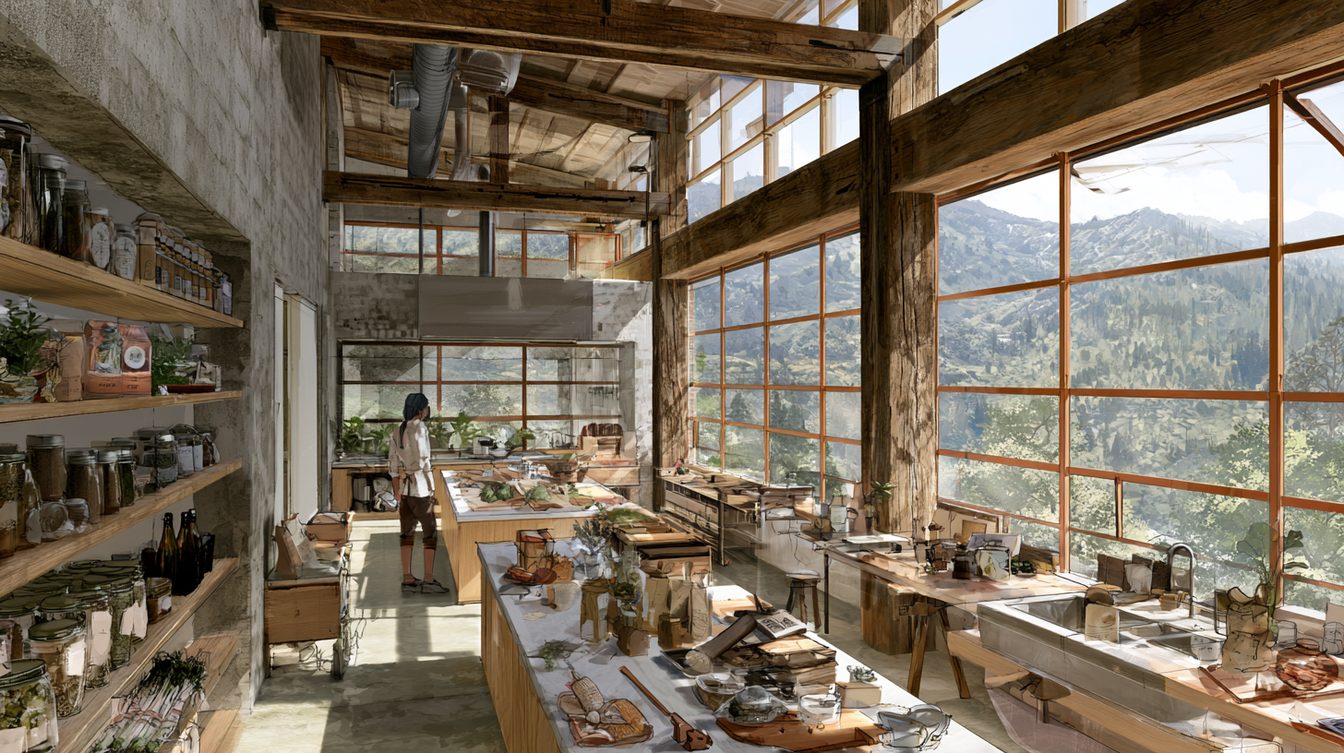 A small in-valley workshop or kitchen, hands at work turning local produce into a finished, labelled product, the mountain visible through the window