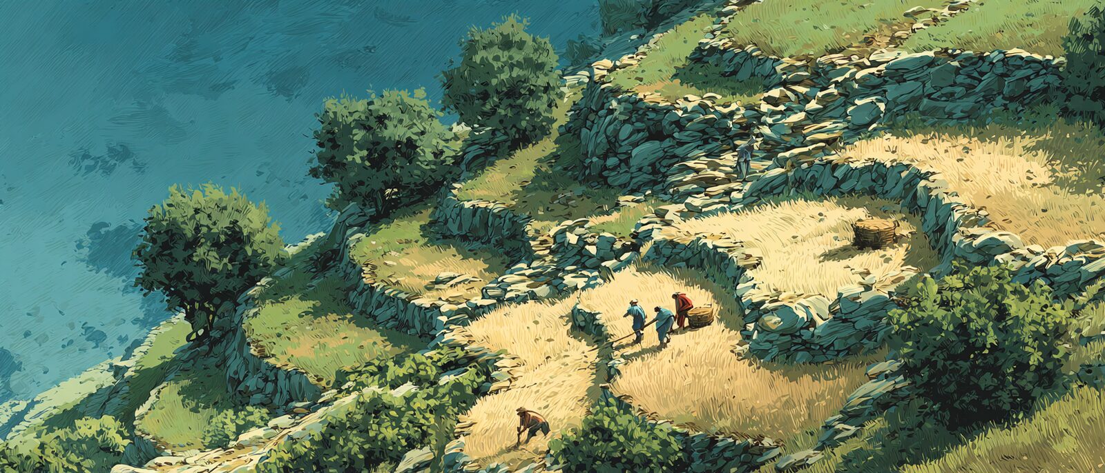 A gentle wet upland hillside in soft light, terraced in places, planted with rows of hazel and nut trees among rough pasture, figures harvesting by hand — a hillside that could be in Anatolia or North Wales