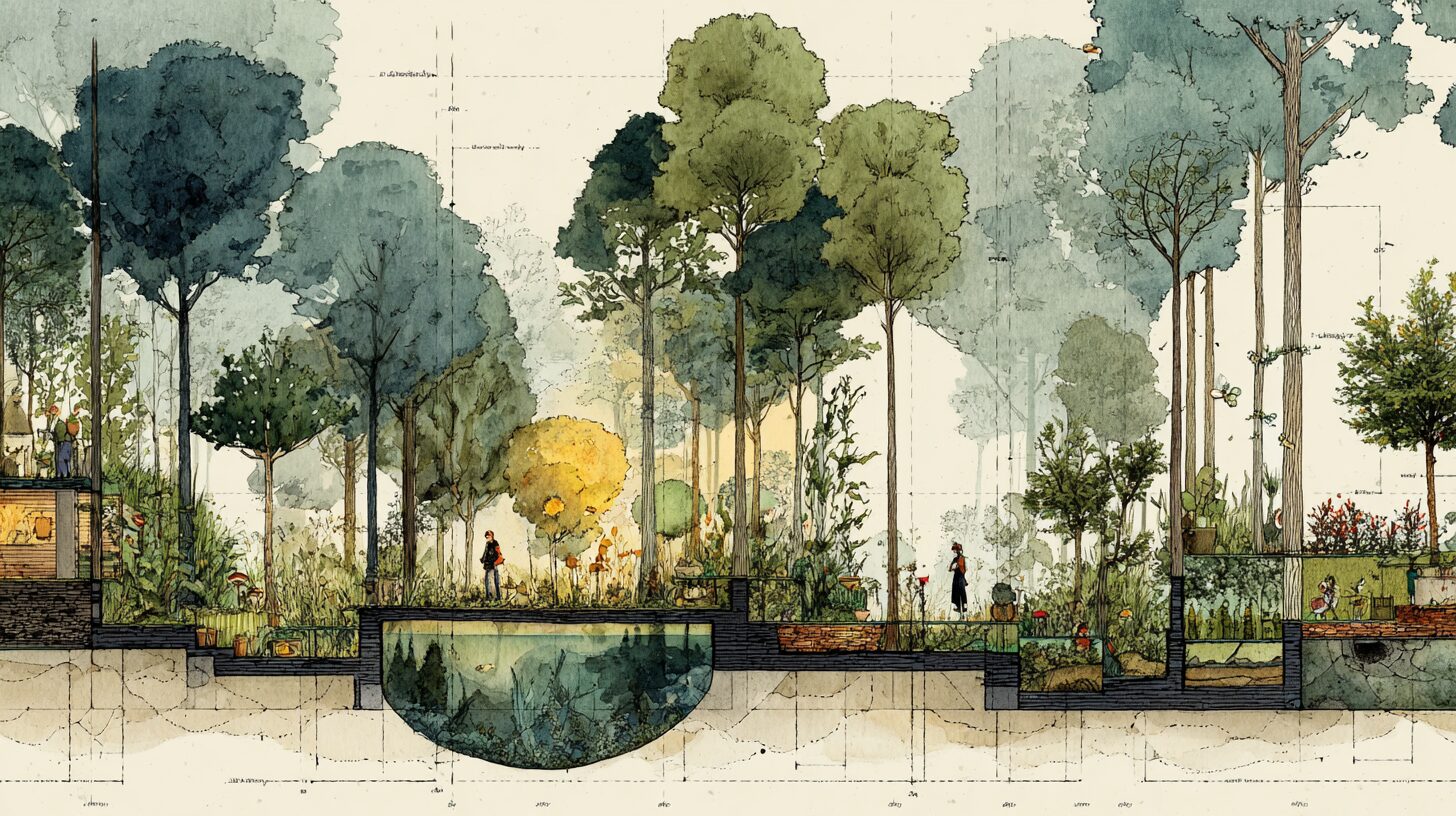 A cutaway side view of a small layered field like a cultivated woodland: a canopy of nut and fruit trees, soft fruit and medicinal plants beneath, mushrooms in shade, a water-retention pond, bee forage, and a slim solar canopy
