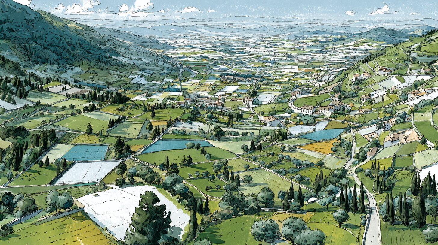A high view of a patchwork of many small orchards and growing plots across a valley, linked by fine glowing threads of coordination to a shared store, a school, a hospital kitchen and a market