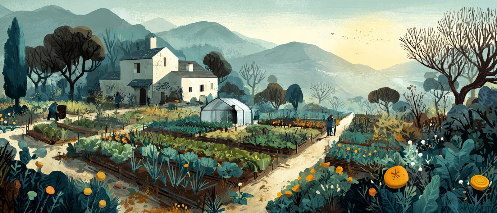 A small, richly diverse market garden on the edge of a town at golden hour — beds of vegetables and flowers, a polytunnel, figures working the rows, the town just beyond