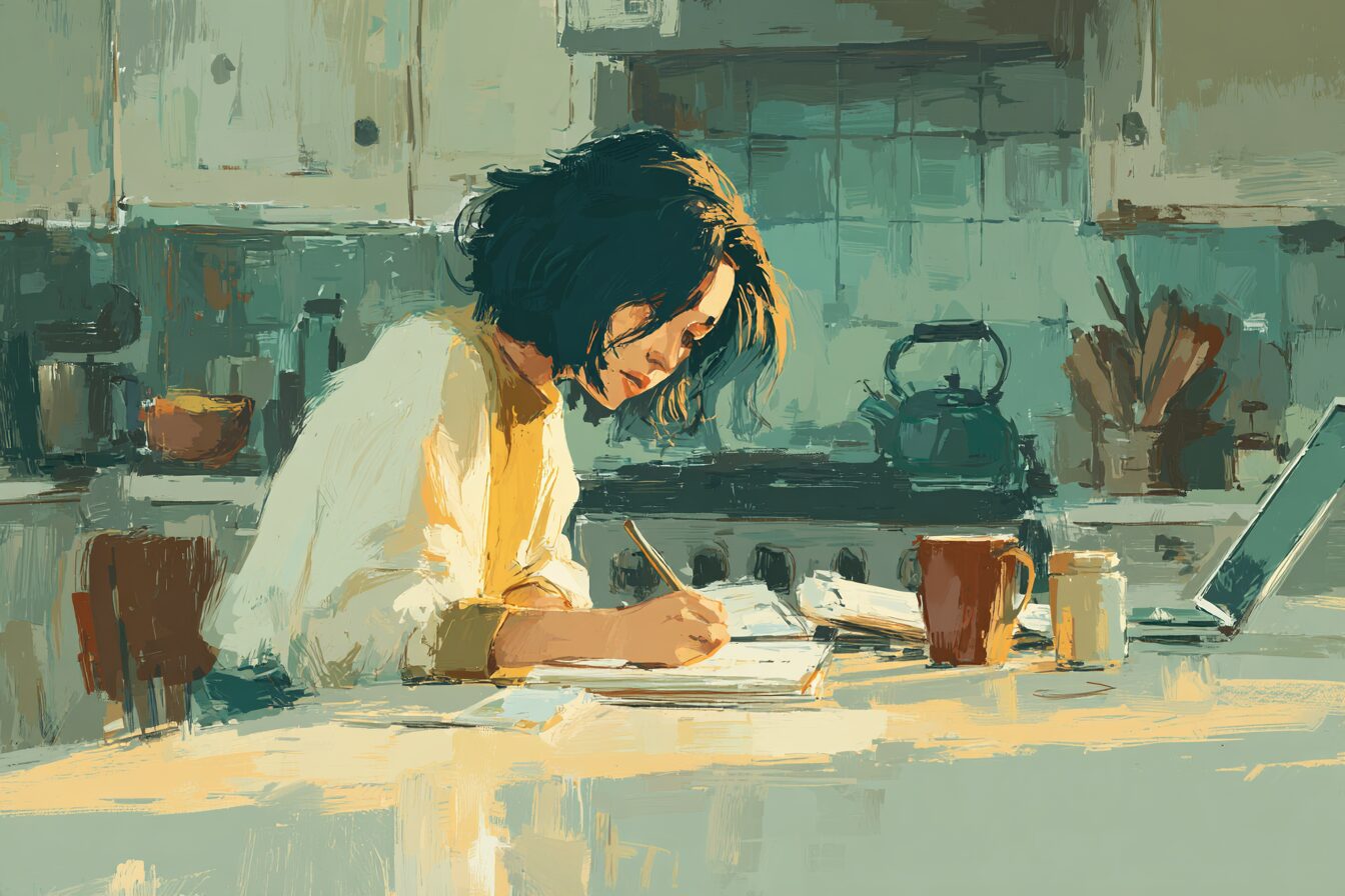 A single figure at a kitchen table at dawn sketching out a local food idea, the administrative complexity around them dissolving into a few simple guided steps