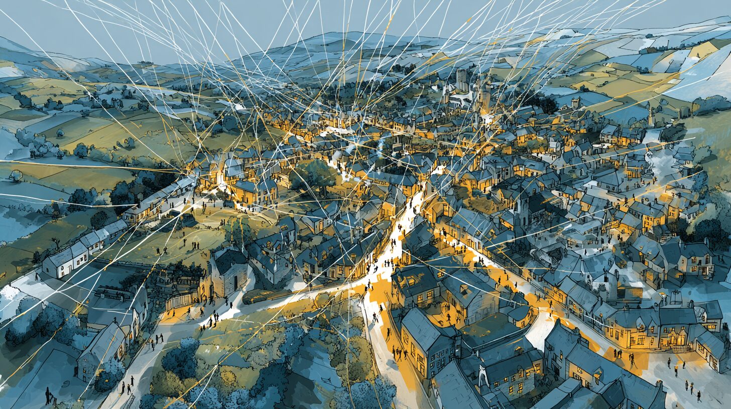 A warm aerial vision of a town and surrounding country threaded with glowing connections between households, schools, a hospital, small growing plots and a market, a market garden emerging at one node