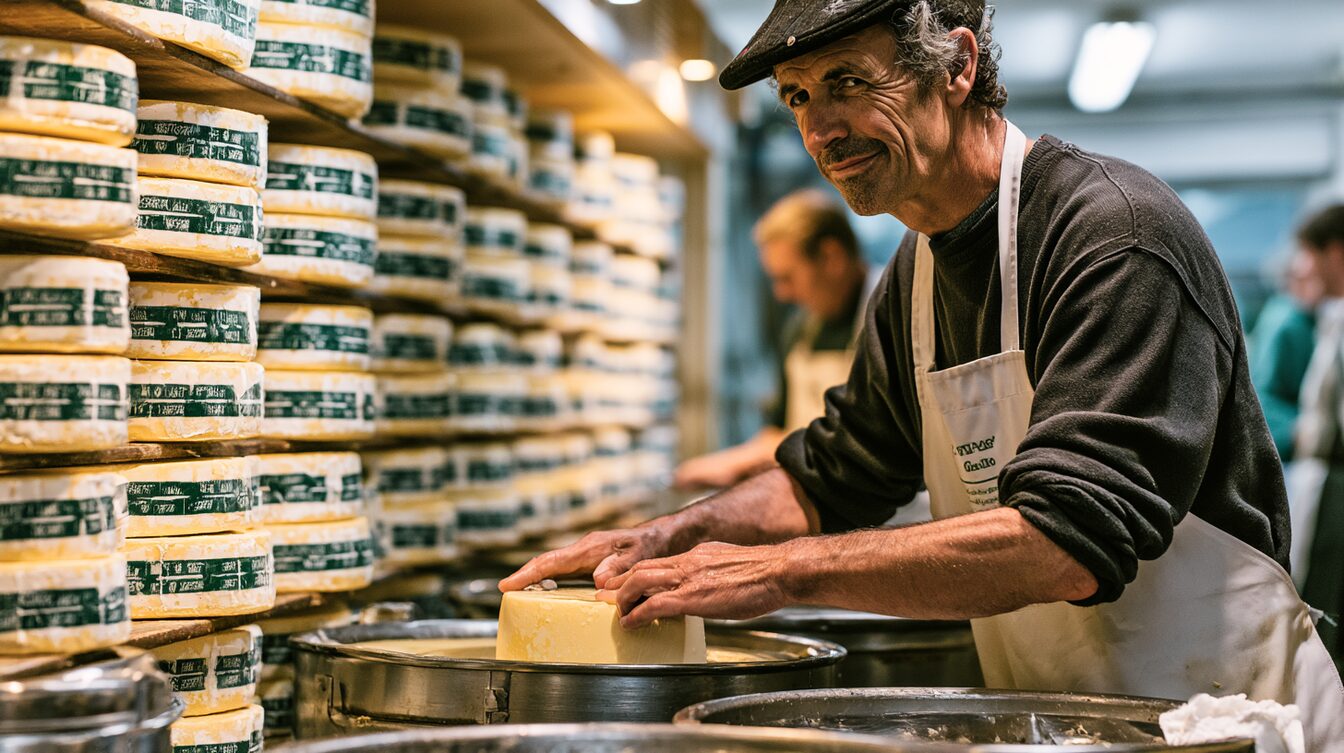 A modest North-Wales farmer-owned creamery — vats and churns, wheels of cheese on the racks, a few farmer-members at work, a slate-grey mountain beyond