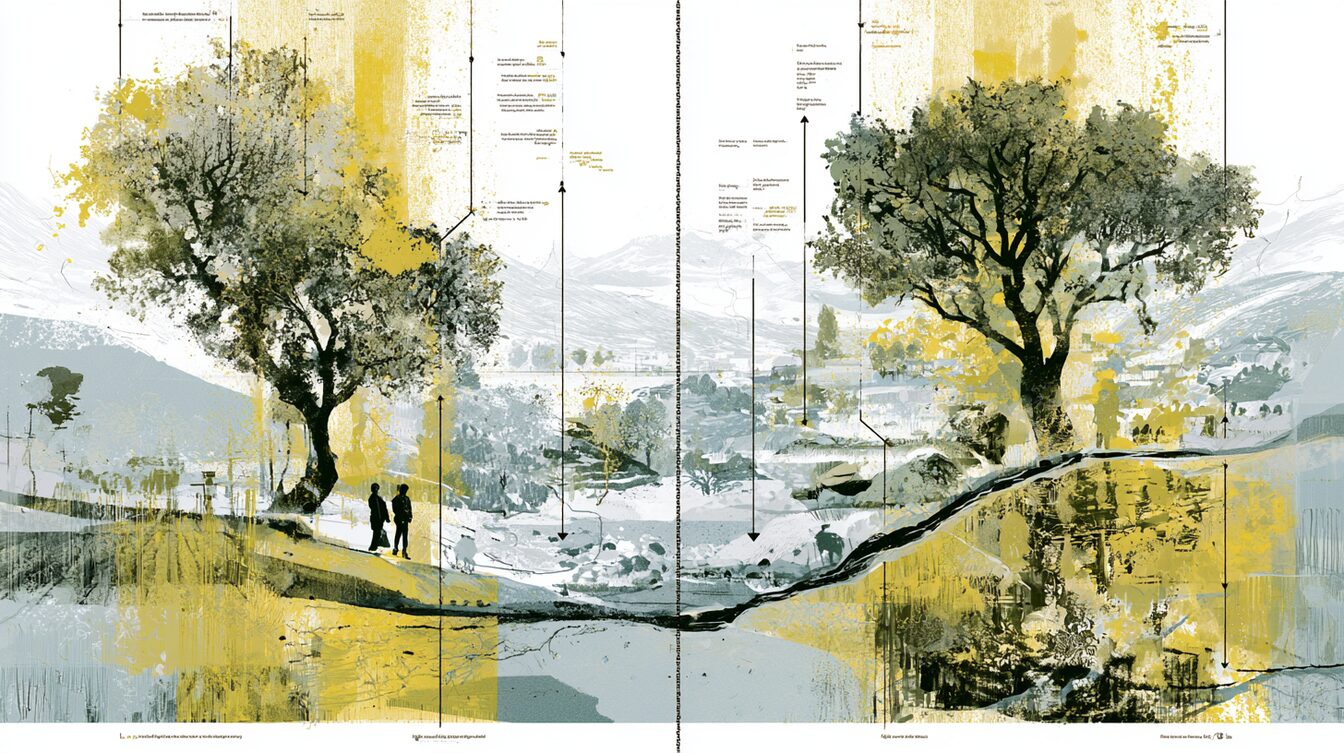 A diptych: on one side the chain shortening, the eater stepping toward the field; on the other, raw produce deepening into a made thing inside the same valley — both arrows turning value back toward the farm