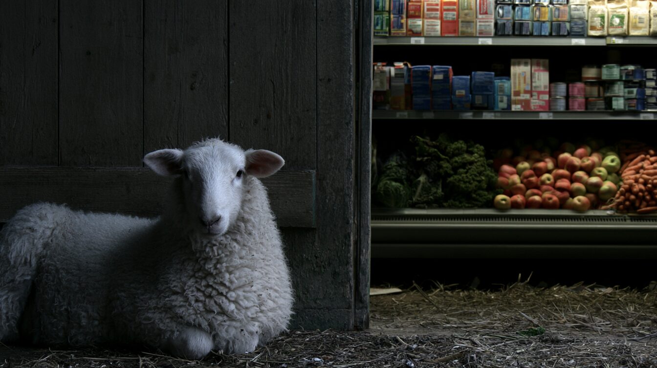A lamb at the farm gate set against a barcoded supermarket shelf — same animal, two prices, the difference being the length and the ownership of the chain between them