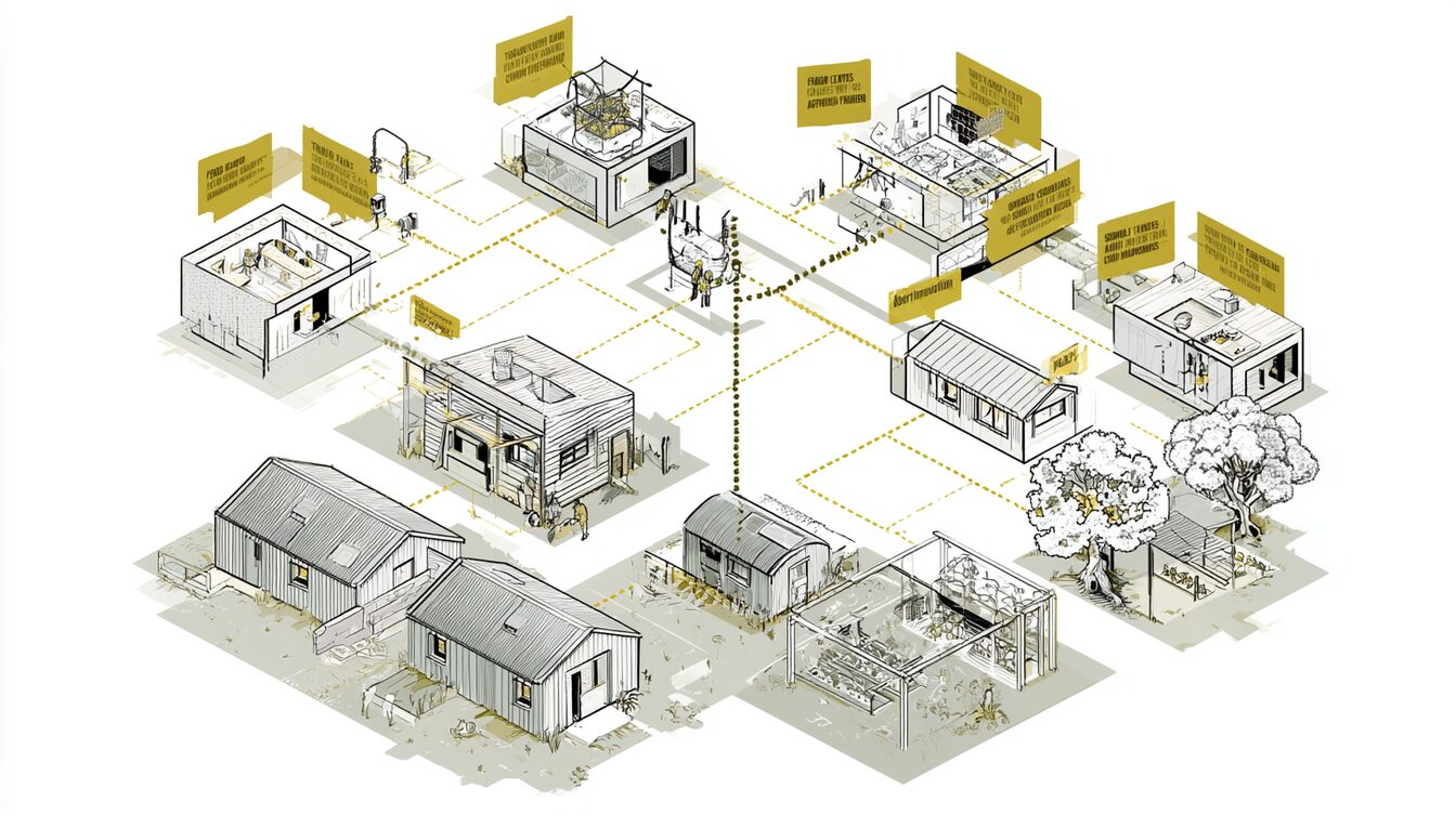 An isometric diagram of the Welsh food scaffolding as labelled boxes — trade fairs, food centres, AberInnovation, the agritech cluster, growers, schools procurement, policy — all present, with a single broken dotted line that does not quite reach a small farm at the centre