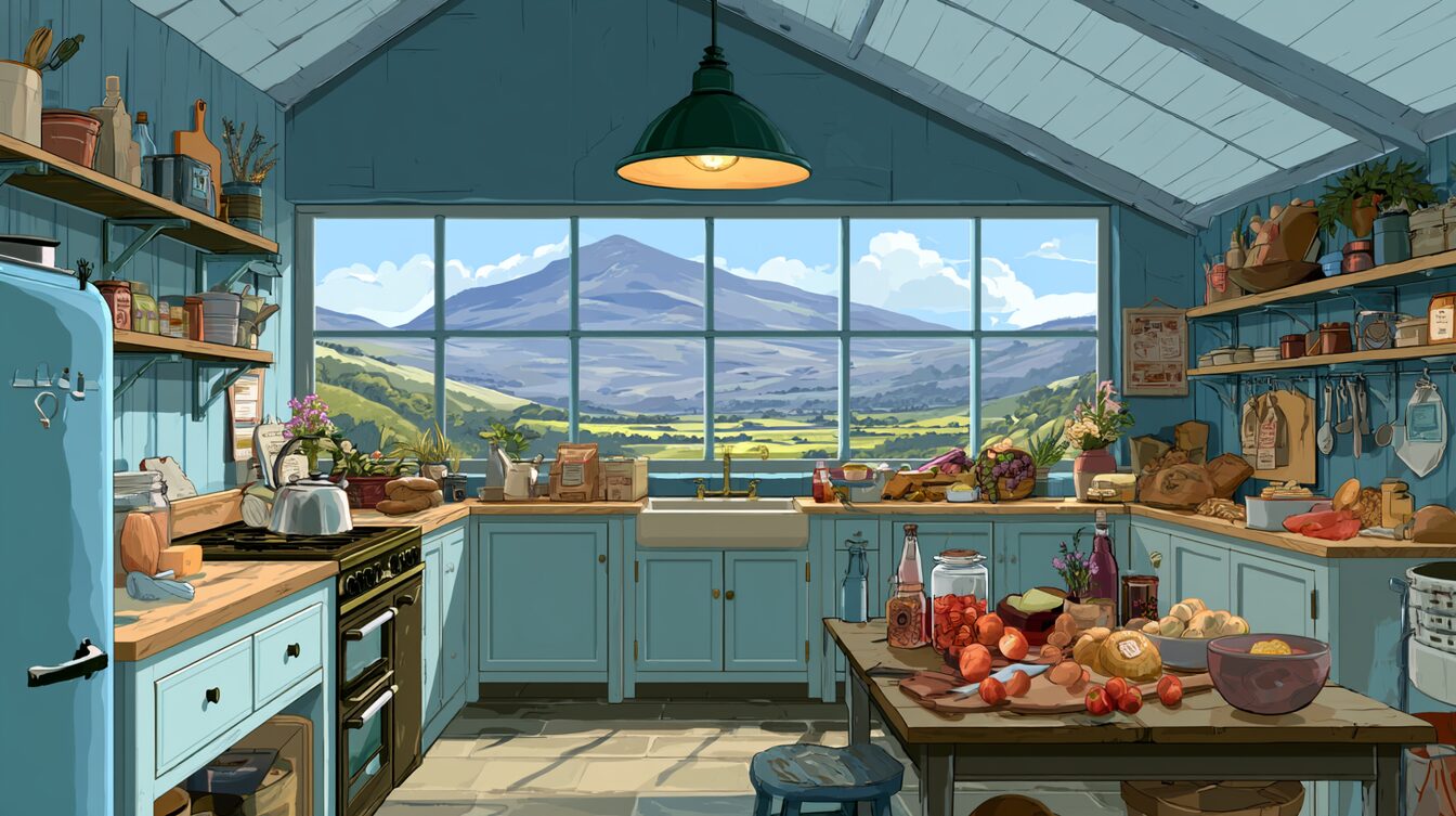 An in-valley kitchen or workshop turning local produce into a finished, labelled product, the mountain visible through the window