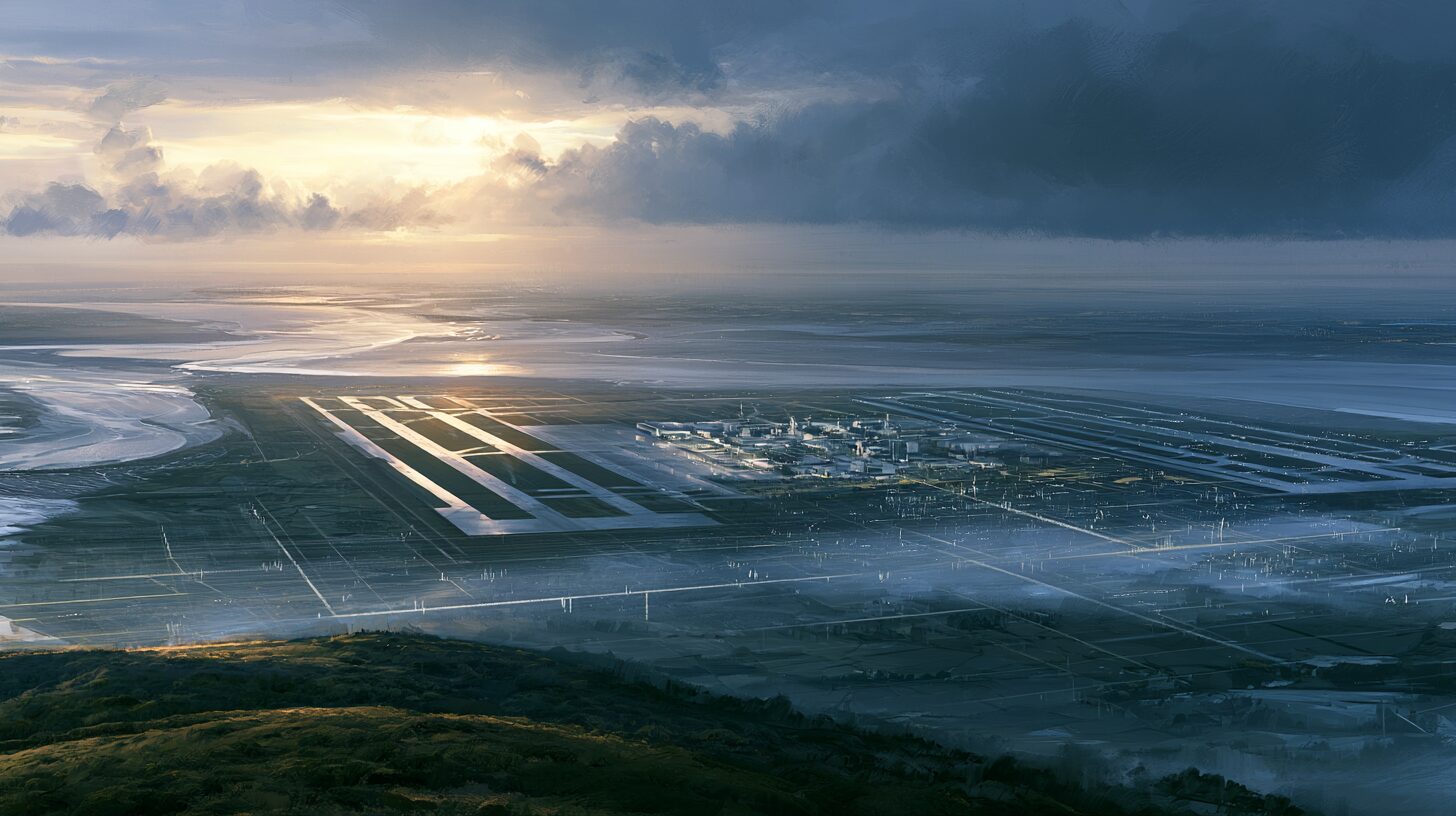 A great estuary airport prominent in the foreground, with the larger connected system it was part of drawn fainter behind and beneath it